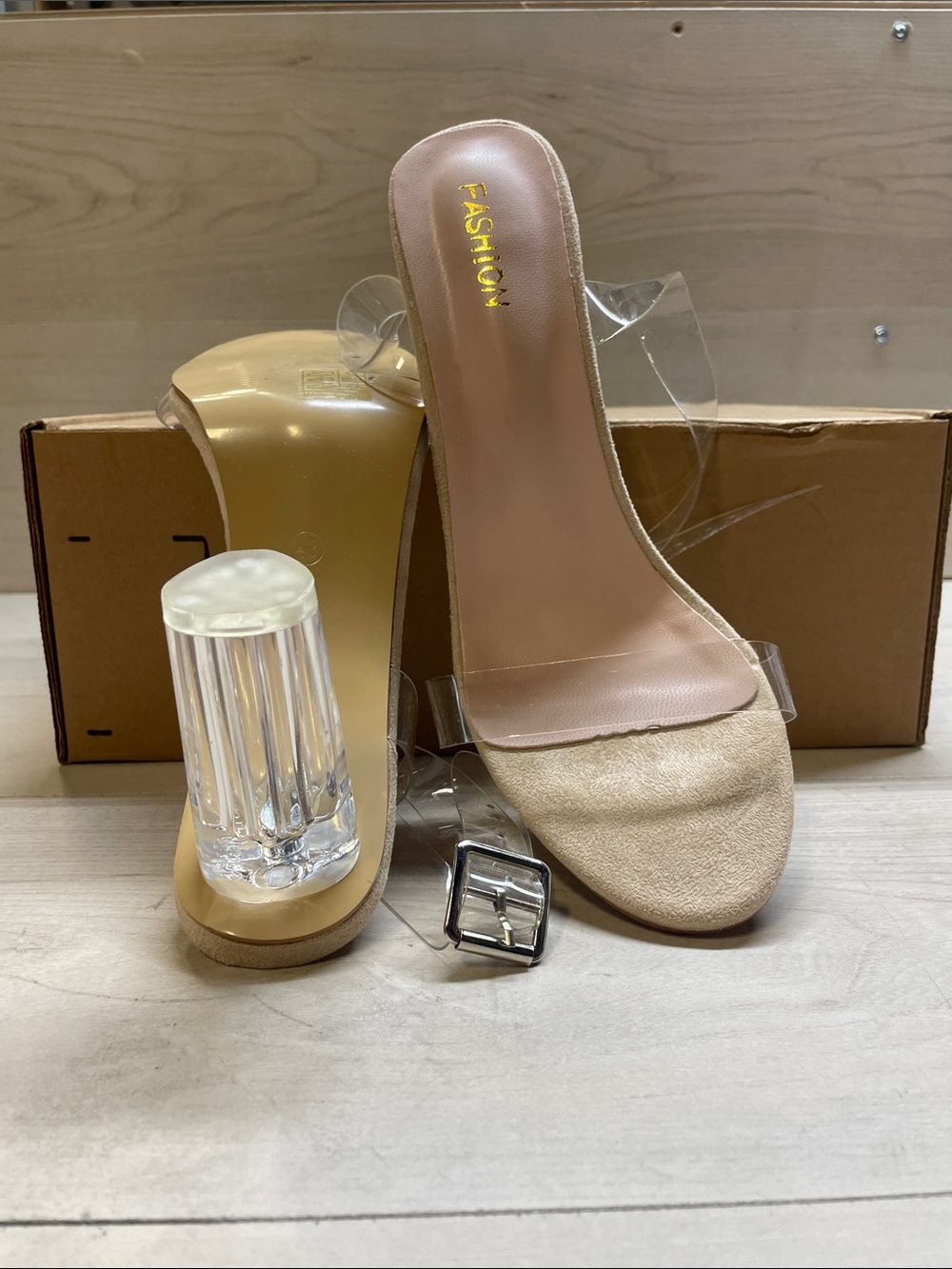 Clear Strap Beige Slide Mules with Lucite Heel z#725